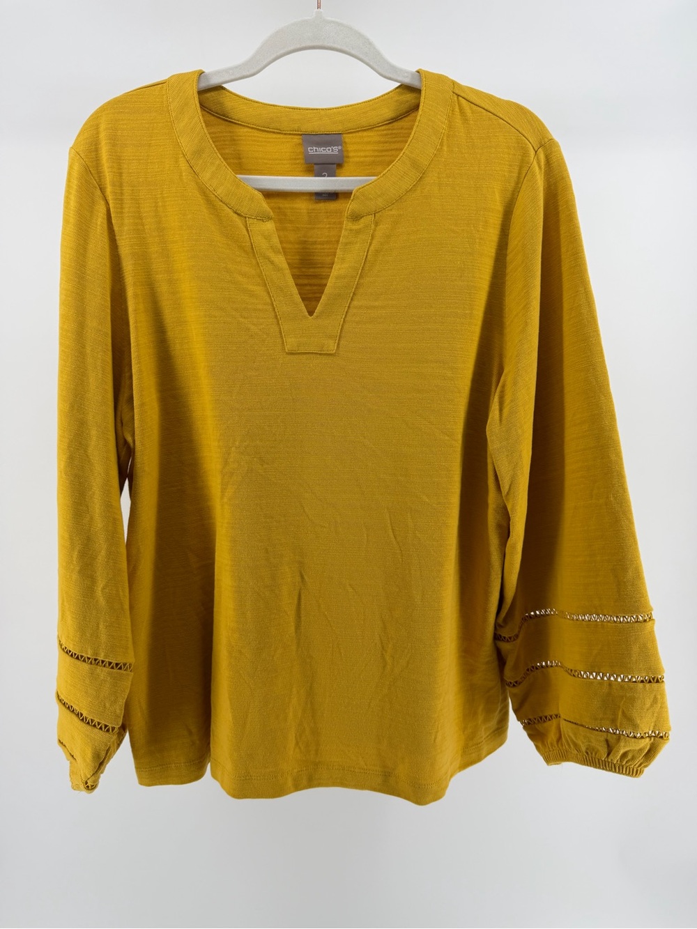 Chico's Mustard Yellow 100% Cotton Split Neck Balloon Sleeve Top, Women's Large